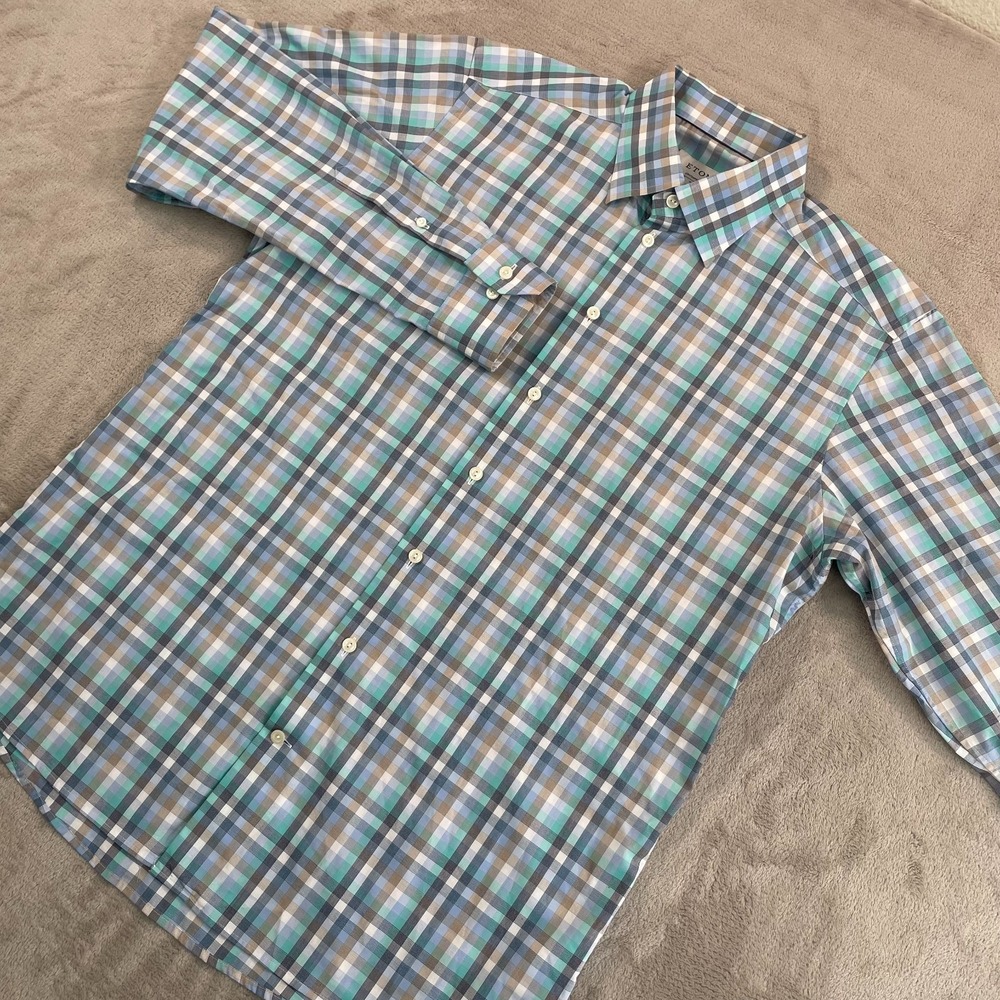 ETON Contemporary Dress Shirt Men 43 17 XL Multi Plaid Poplin Designer NWOT $280